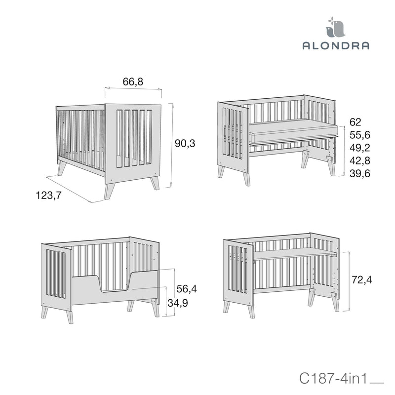 Lit bébé-bureau 60x120 cm (2in1) en blanc/bois · Nexor C187R-M7795