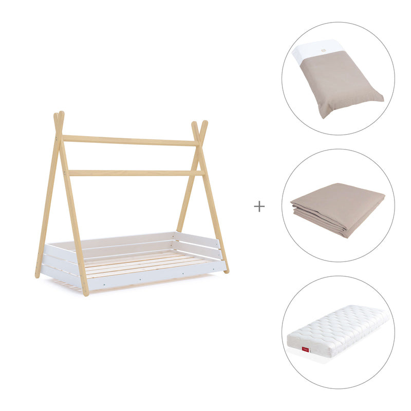 cama montessori con forma de cabaña y conjunto de colchón, sábana y toldo
