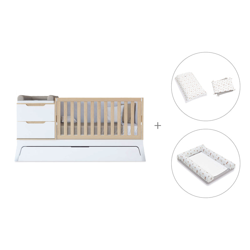 Lit bébé évolutif blanc/bois 70x140 cm avec tiroirs ou lit gigogne · Zen K460-M8411