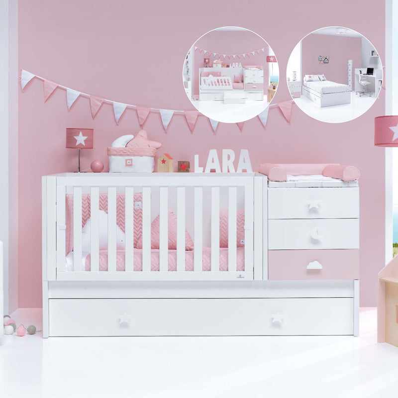 Lit bébé évolutif 70x140 cm avec lit/tiroirs gigogne en blanc/rose · Sero Bubble K554-M7742