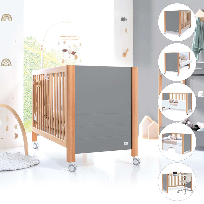 cuna colecho transformable 5 en 1 con ruedas y cómoda cambiador en gris y madera inspiración