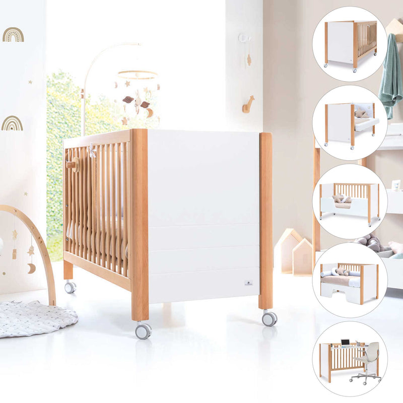 cuna colecho transformable 5 en 1 con ruedas y cómoda cambiador en blanco y madera inspiración