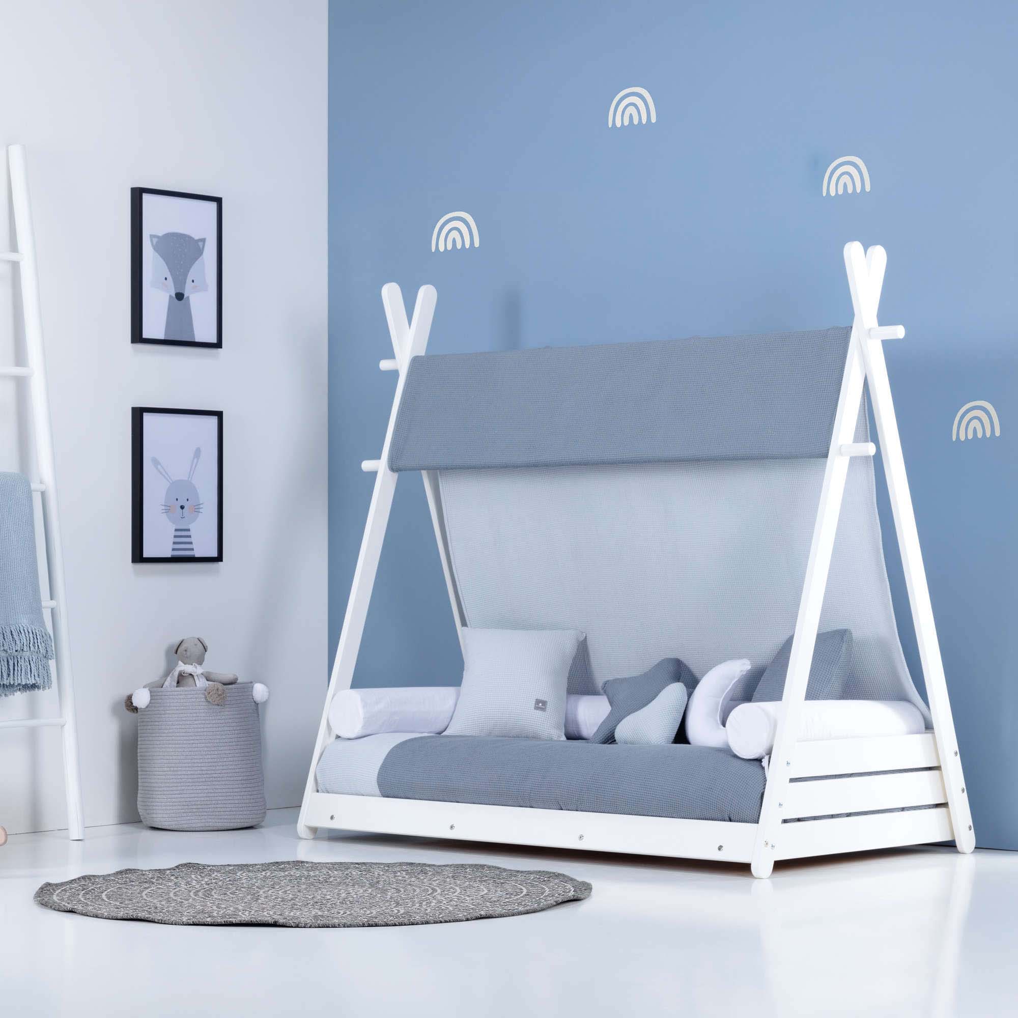 Montessori methodology hut bed in white and blue textile