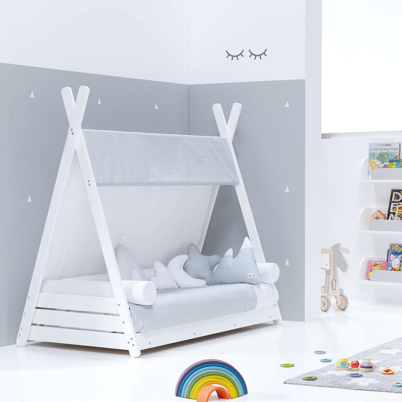 cama montessori en color gris para habitaciones de niño originales aesthetic