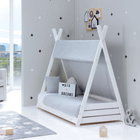 Cama Montessori tipo cabaña, estructura de madera blanca para niños, diseño funcional y educativo originales gris