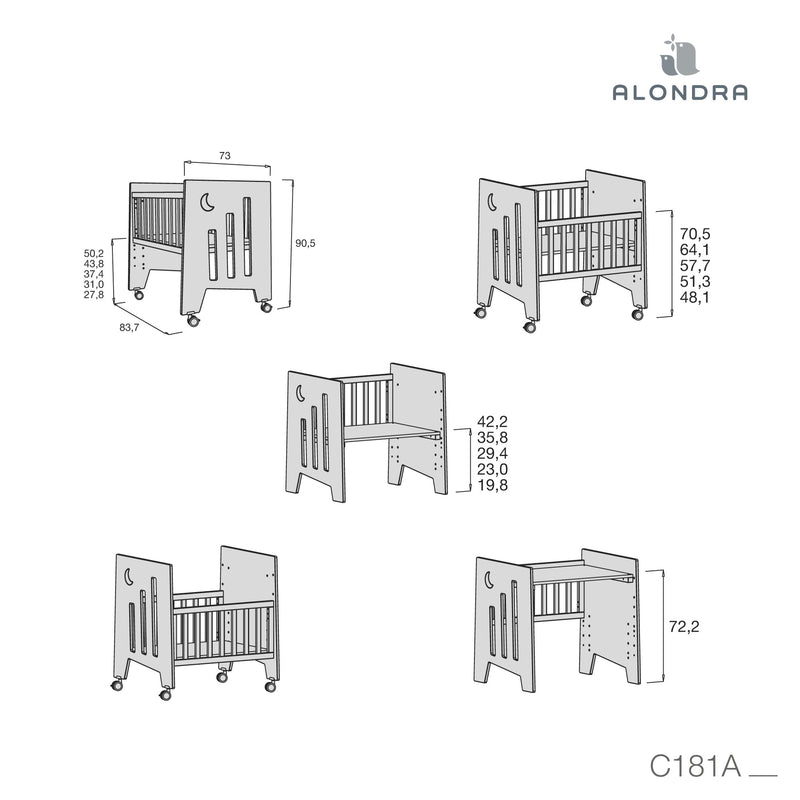 Co-sleeping crib (5in1) with wheels 60x80 cm light pink · Omni Uno Flamingo