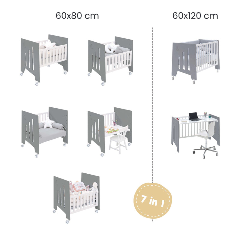 Crib 60x80 cm and cot 60x120 cm (7in1) anthracite · Omni Tre Antracita