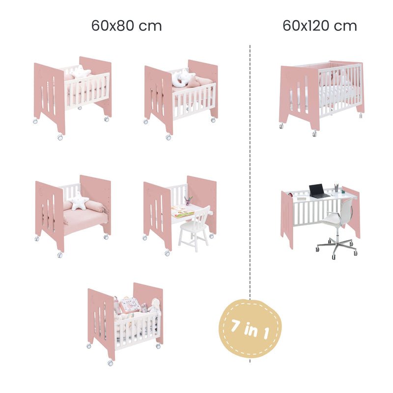 Mini berço 60x80 cm e berço 60x120 cm (7em1) rosa · Omni Tre Quarzo