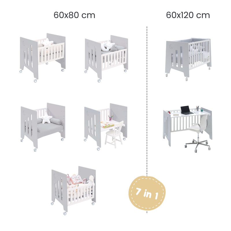 Crib 60x80 cm and cot 60x120 cm (7in1) grey · Omni Tre Grey