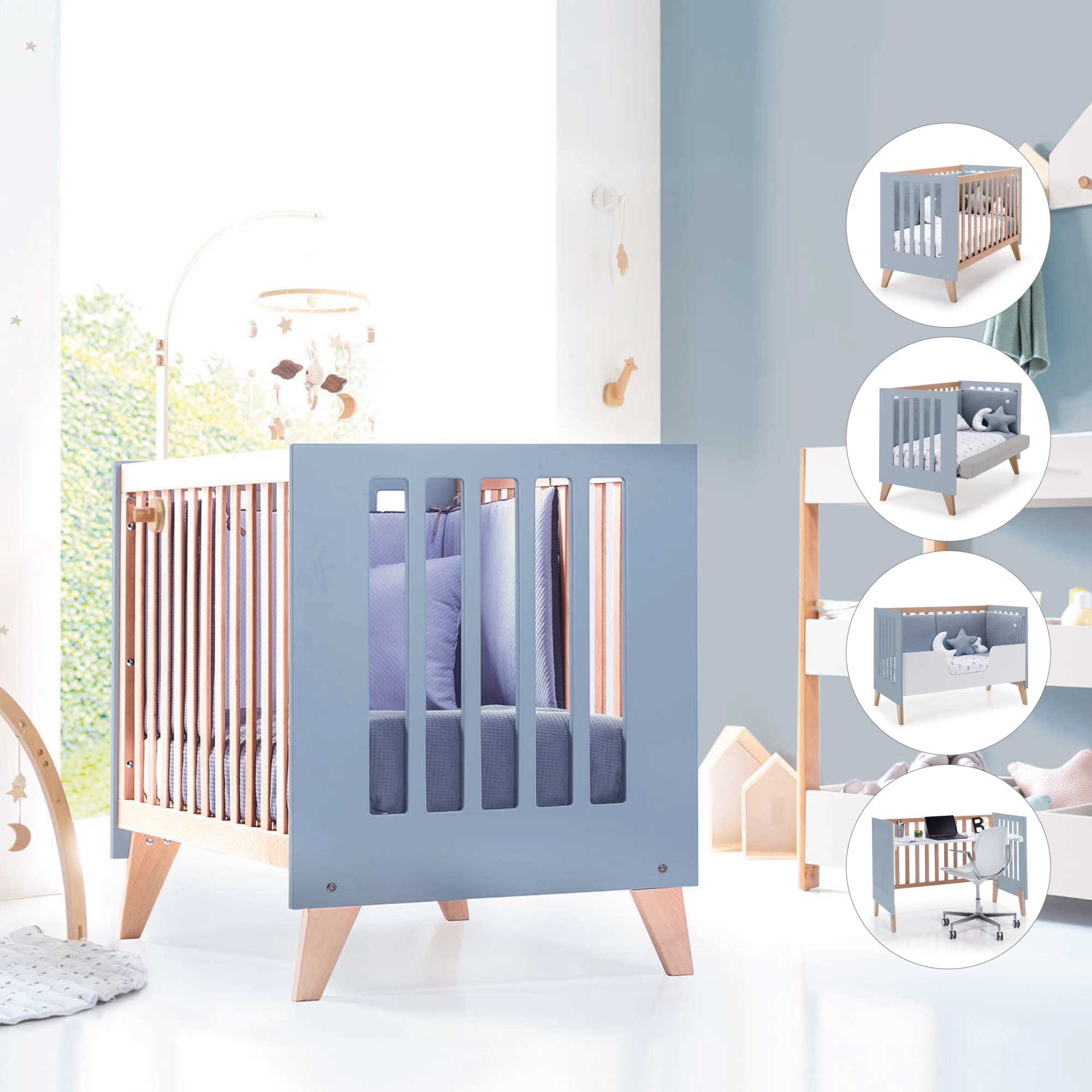 Co-sleeping cot 60x120 cm (4in1) wood/blue