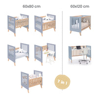 Crib convertible into a cot (7in1) wood/blue · Nexor Tre Blu denim