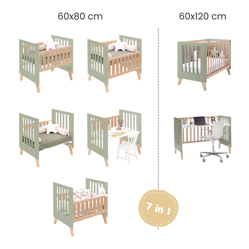 Crib convertible into a cot (7in1) wood/green-olive · Nexor Tre Erba