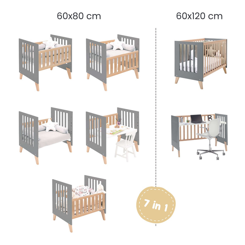 Wiege verwandelbares in Babybett (7in1) holz/anthrazit · Nexor Tre Antracita