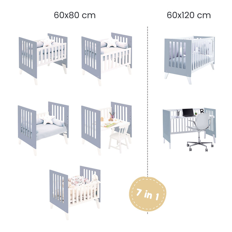 Crib and cot all-in-one (7in1) white/blue · Nexo Tre Blu denim