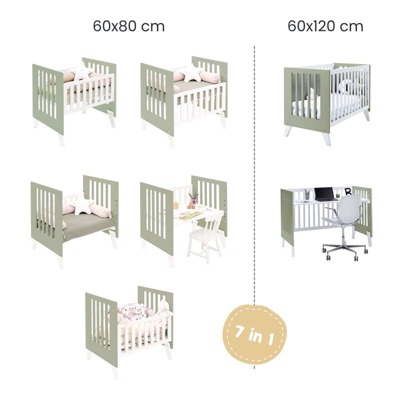 Wiege und babybett All-in-One (7in1) weiss/olivgrün · Nexo Tre Erba