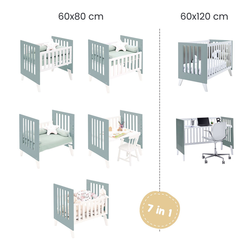 Crib and cot all-in-one (7in1) white/green eucalyptus · Nexo Tre Eucalyptus
