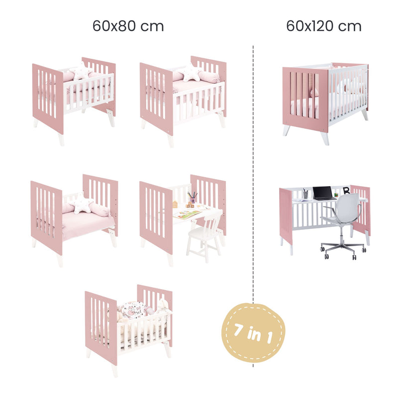 Crib and cot all-in-one (7in1) white/pink · Nexo Tre Quarzo