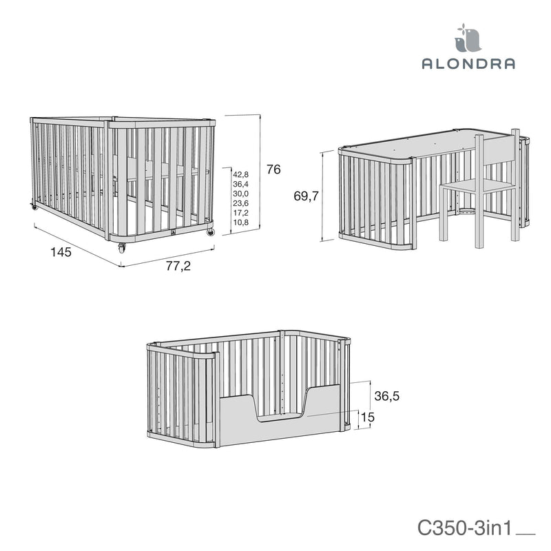 Cot-bed 70x140 cm (3in1) wooden/green · Crea Plus Due C350-M5057