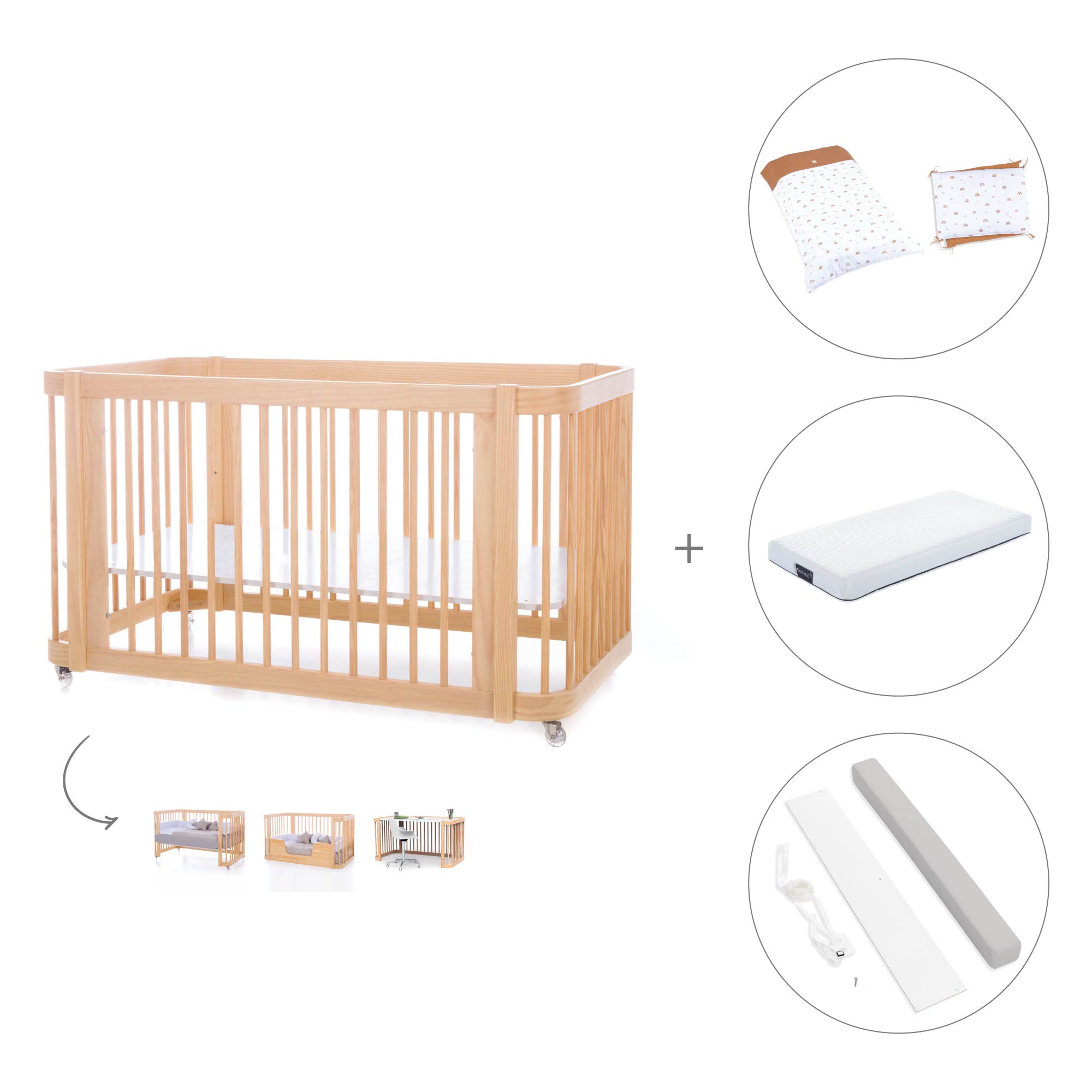 Wooden cot convertible into Montessori bed 70x140cm