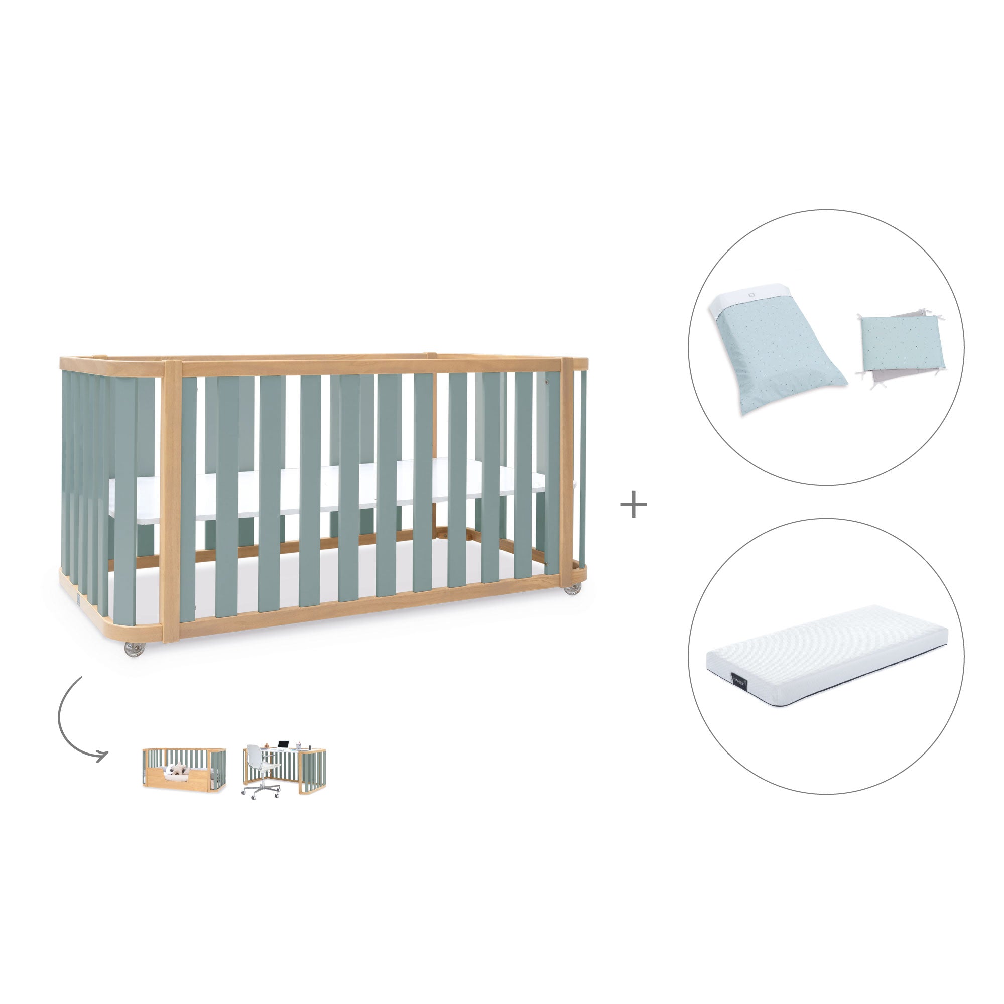 Cot bed 70x140 cm 3in1 wooden green