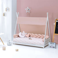 Withe Montessori bed 70x140 cm with pink flowers bedding · Homy