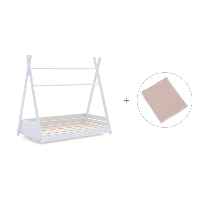 Withe Montessori bed 70x140 cm with pink flowers bedding · Homy
