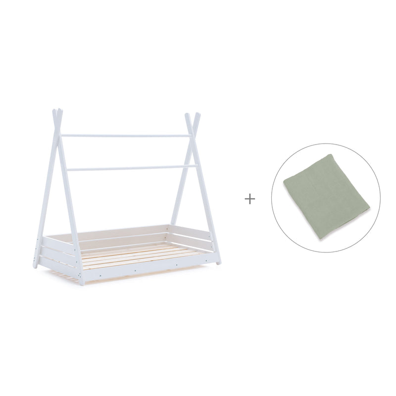 Withe Montessori bed 70x140 cm with green bedding · Homy
