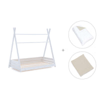 Withe Montessori bed 70x140 cm with beige bedding · Homy