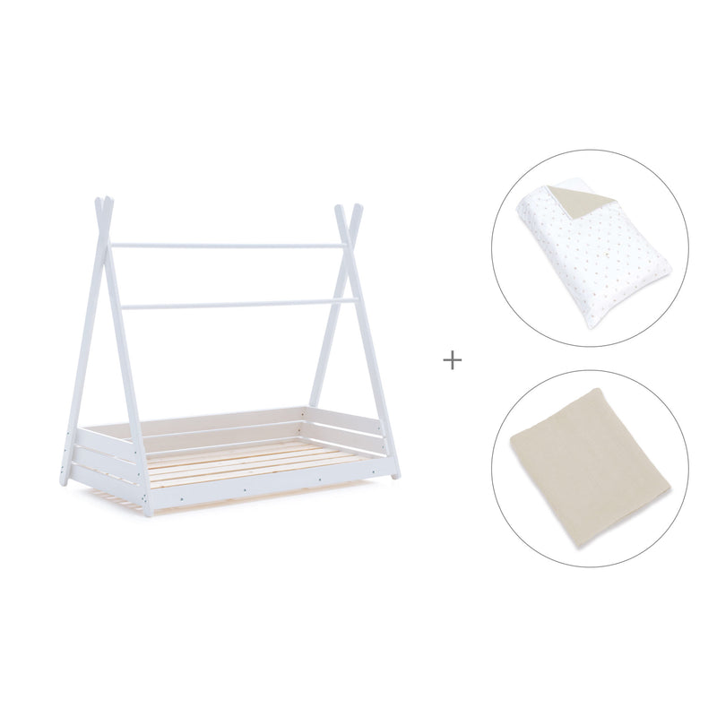 Withe Montessori bed 70x140 cm with beige bedding · Homy