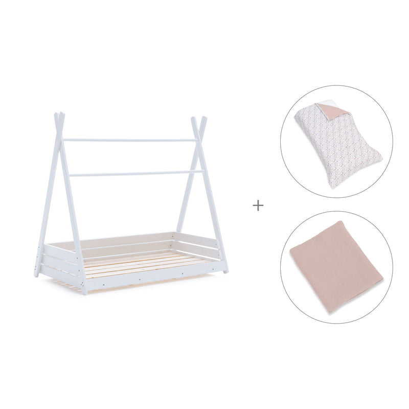 Withe Montessori bed 70x140 cm with pink flowers bedding · Homy