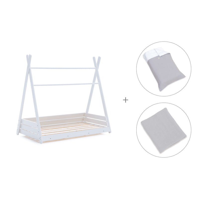 Withe Montessori bed 70x140 cm with grey bedding · Homy