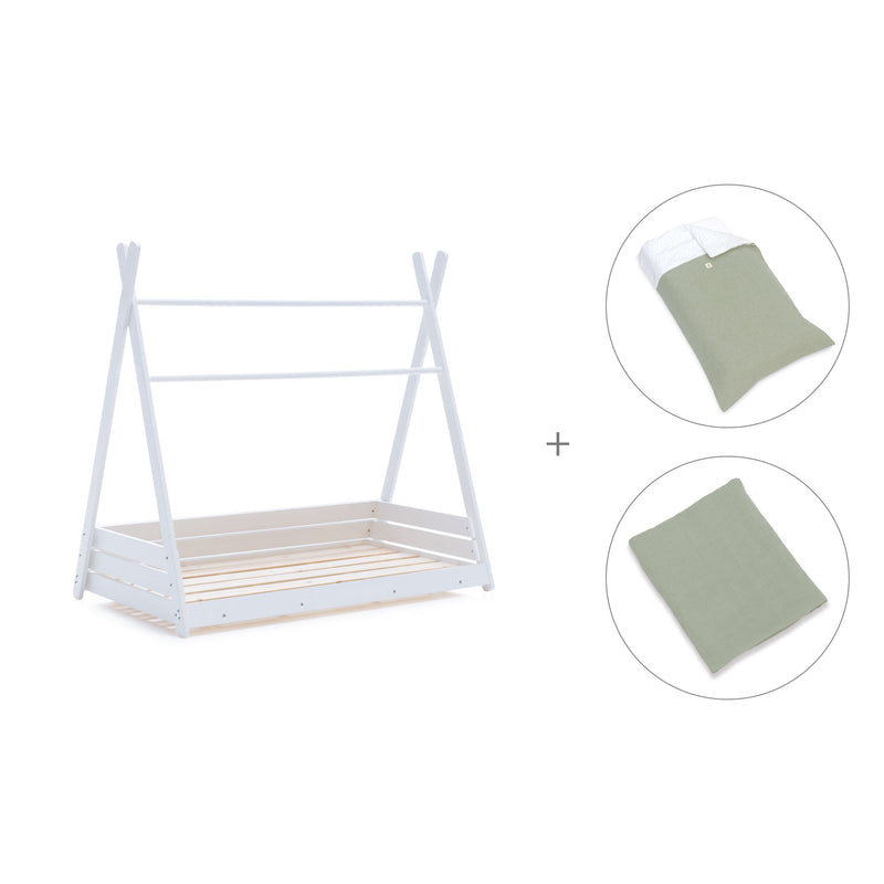 Withe Montessori bed 70x140 cm with green bedding · Homy