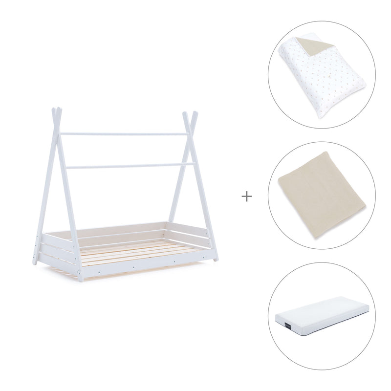 Withe Montessori bed 70x140 cm with beige bedding · Homy