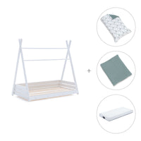 Withe Montessori bed 70x140 cm with green bedding · Homy