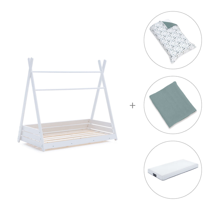 Withe Montessori bed 70x140 cm with green bedding · Homy