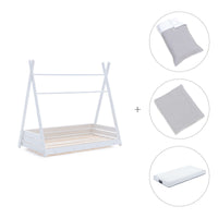 Withe Montessori bed 70x140 cm with grey bedding · Homy