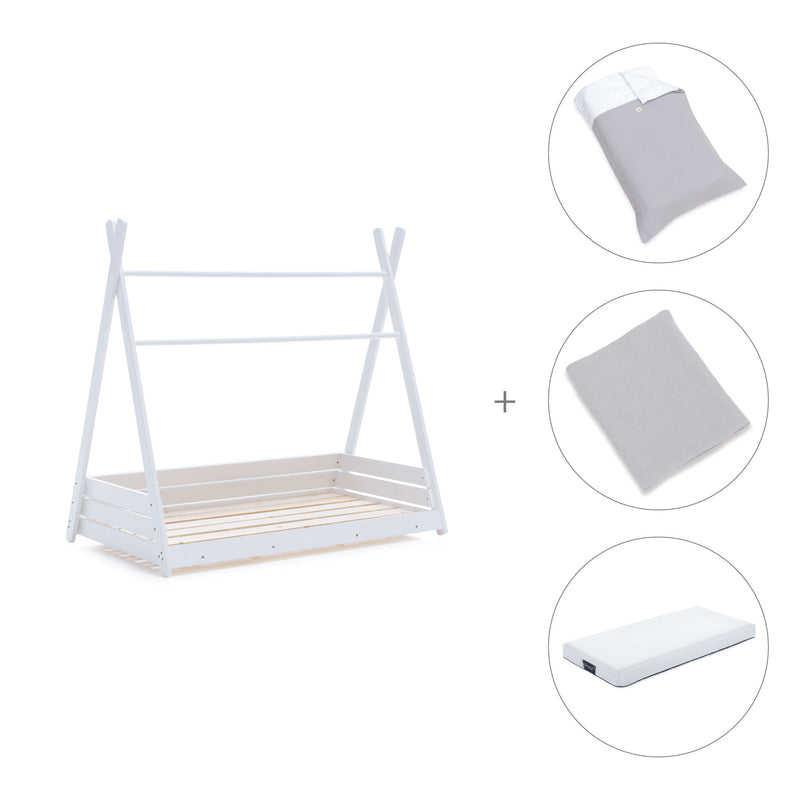 Withe Montessori bed 70x140 cm with grey bedding · Homy