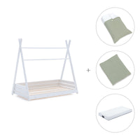 Withe Montessori bed 70x140 cm with green bedding · Homy