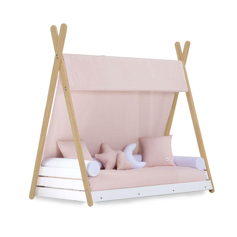 Wooden Montessori bed-cottage 70x140 cm with Cremarosa textile · Homy Life