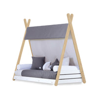 Wooden Montessori junior bed 90x200 cm with Stone Grey textile · Homy Life XL