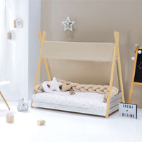 Wooden Montessori bed 70x140 cm with beige bedding · Homy Life