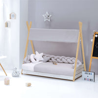 Wooden Montessori bed 90x200 cm with grey bedding · Homy Life XL