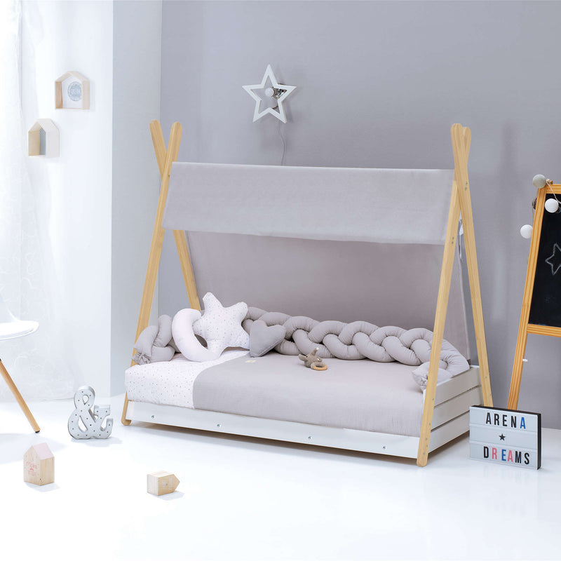 Wooden Montessori bed 90x200 cm with grey bedding · Homy Life XL