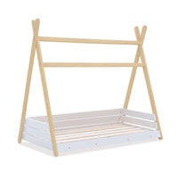 Estructura de cama infantil Montessori con forma de cabaña en madera y blanco