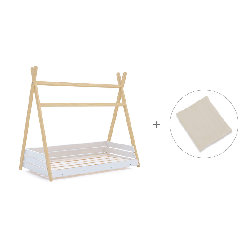 Wooden Montessori bed 70x140 cm with beige bedding · Homy Life