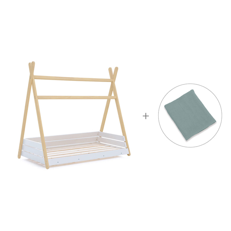 Wooden Montessori bed 70x140 cm with green bedding · Homy Life