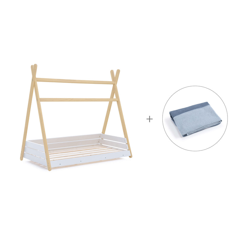 cama montessori con forma de cabaña y toldo