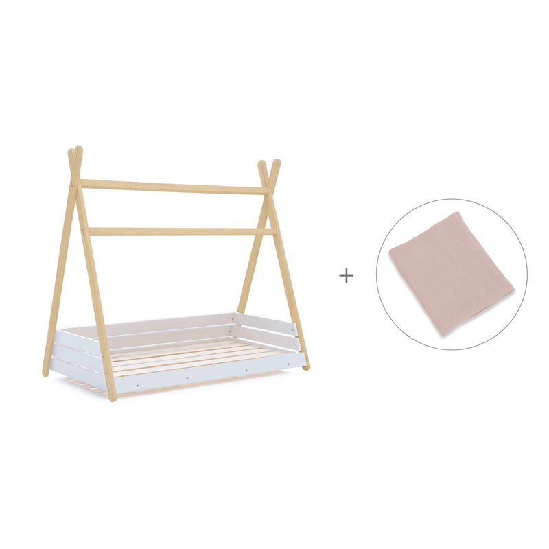 Wooden Montessori bed 70x140 cm with pink flowers bedding · Homy Life