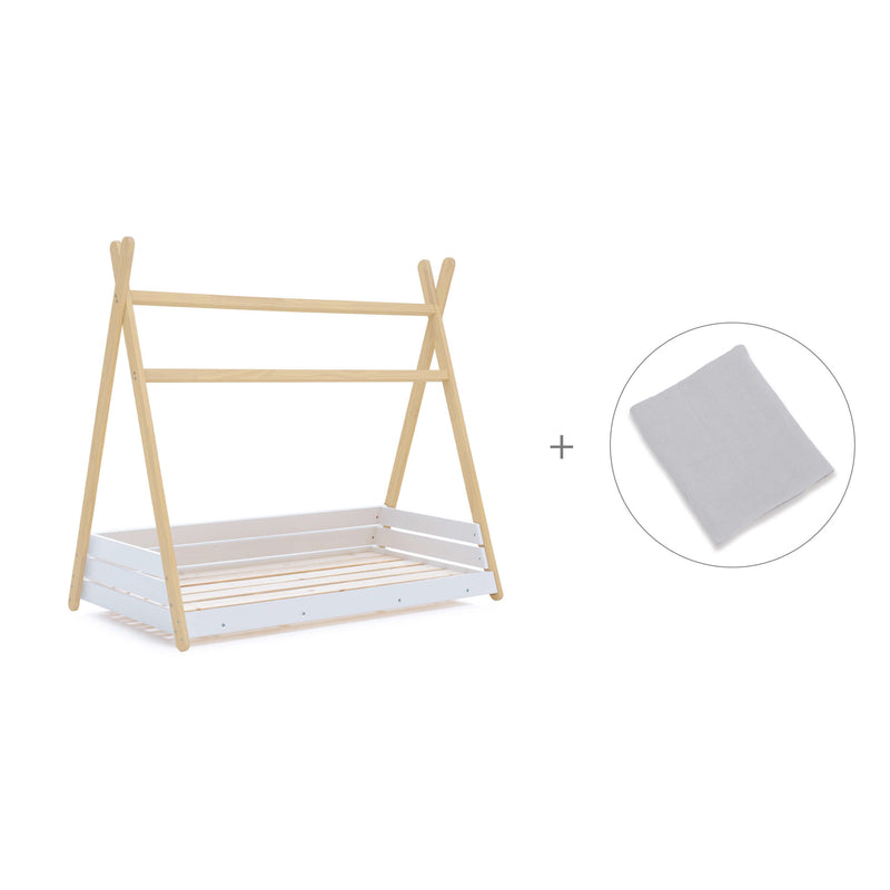 Wooden Montessori bed 70x140 cm with grey bedding · Homy Life
