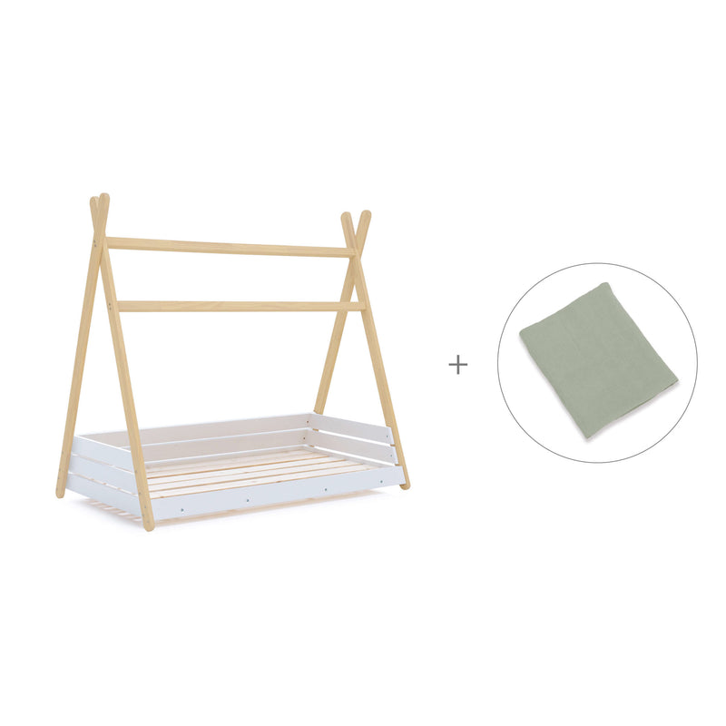 Wooden Montessori bed 70x140 cm with green bedding · Homy Life